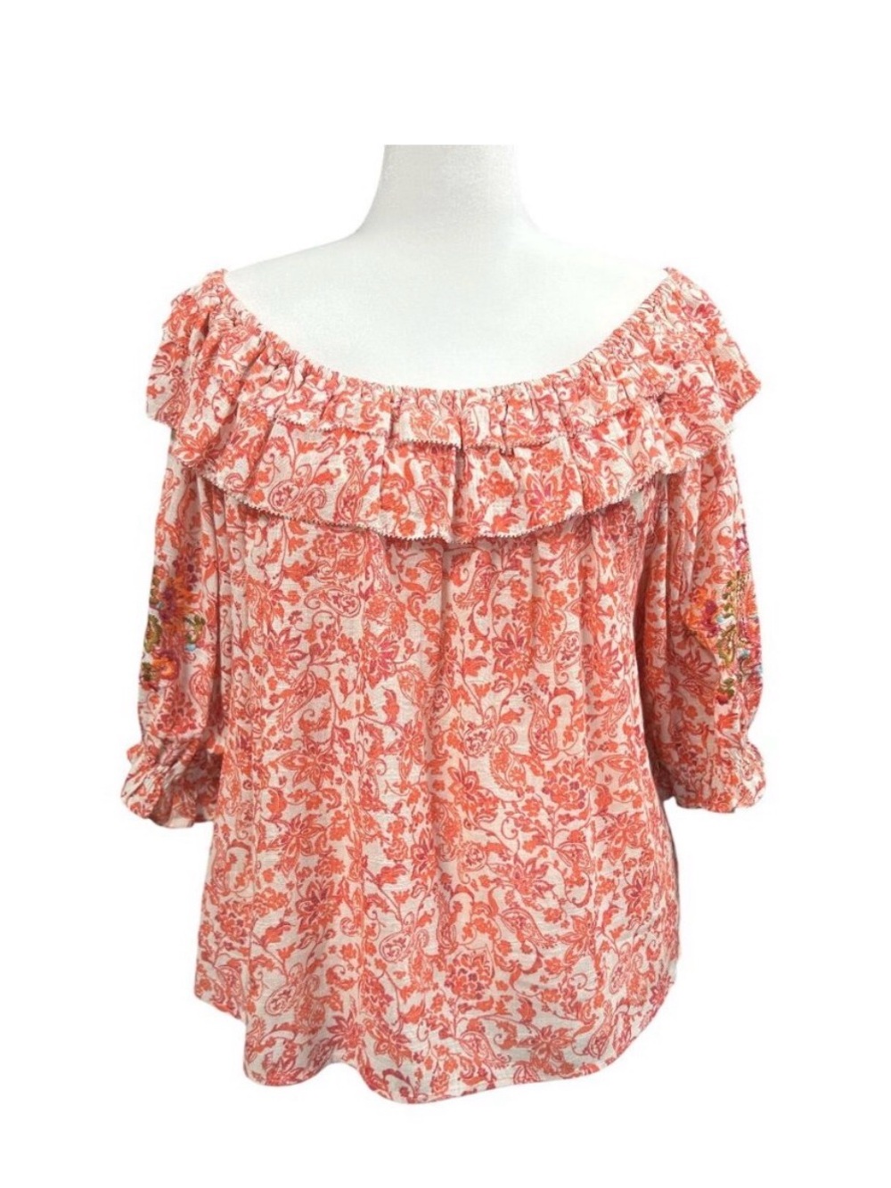 Wit & Wisdom Coral Floral Off-Shoulder Ruffle Top